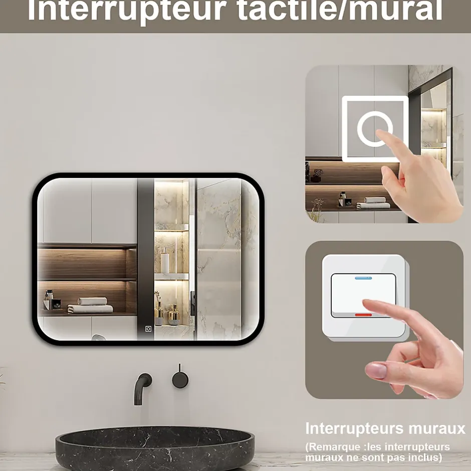 AICA Sanitaire Miroir LED pour Salle de Bain 90x70 cm - Anti-Buée, Lumière tricolore et Dimmable