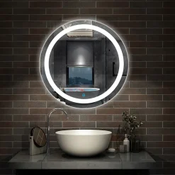 AICA Sanitaire Miroir LED rond de 60cm, dimmable + mémoire + antibuée, IP44, avec interrupteur tactile, 6000k blanc froid,* Miroir Lumineux