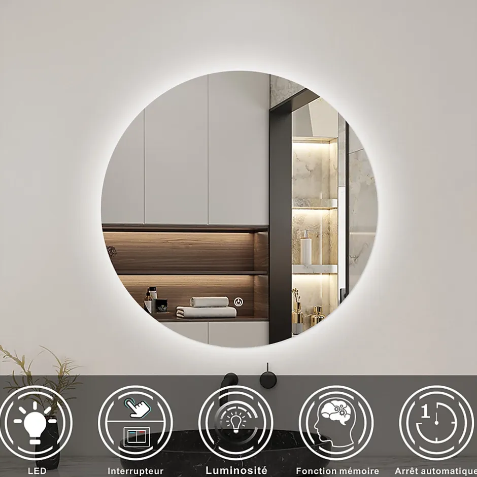 AICA Sanitaire Miroir LED rond sans cadre de 80cm, dimmable + mémoire, IP44, horizontal/vertical, 6000k blanc froid,