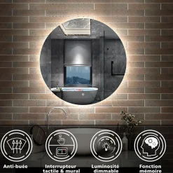 AICA Sanitaire Miroir LED rond sans cadre de 80cm, dimmable + mémoire + antibuée, IP44, horizontal/vertical, 6000k blanc froid,
