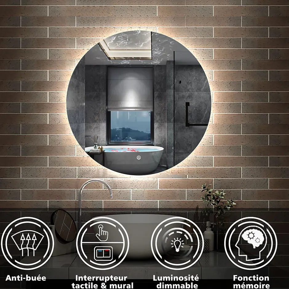 AICA Sanitaire Miroir LED rond sans cadre de 80cm, dimmable + mémoire + antibuée, IP44, horizontal/vertical, 6000k blanc froid,