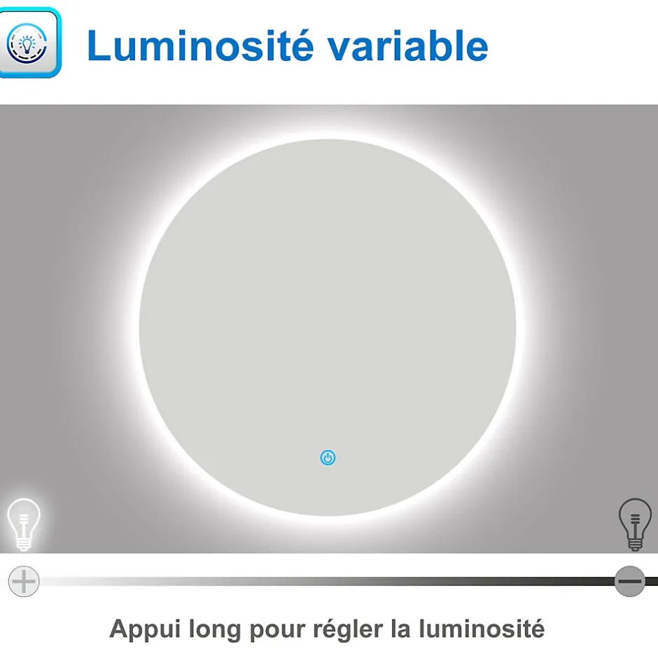 AICA Sanitaire Miroir LED rond sans cadre de 80cm, dimmable + mémoire + antibuée, IP44, horizontal/vertical, 6000k blanc froid,