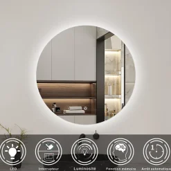 AICA Sanitaire Miroir LED rond sans cadre de 70cm, dimmable + mémoire, IP44, horizontal/vertical, 6000k blanc froid,* Miroir Lumineux