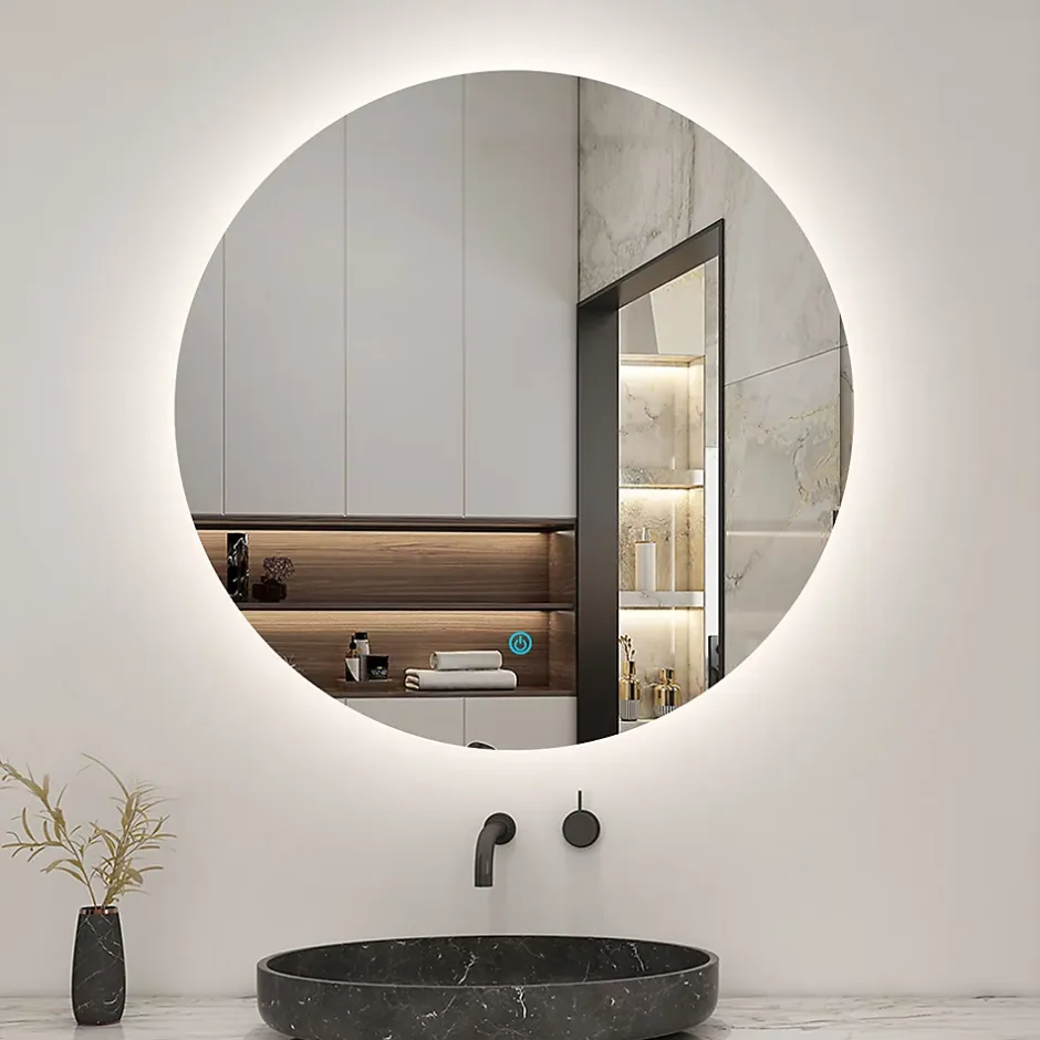 AICA Sanitaire Miroir LED rond sans cadre de 60cm, dimmable + mémoire, IP44, horizontal/vertical, 6000k blanc froid,