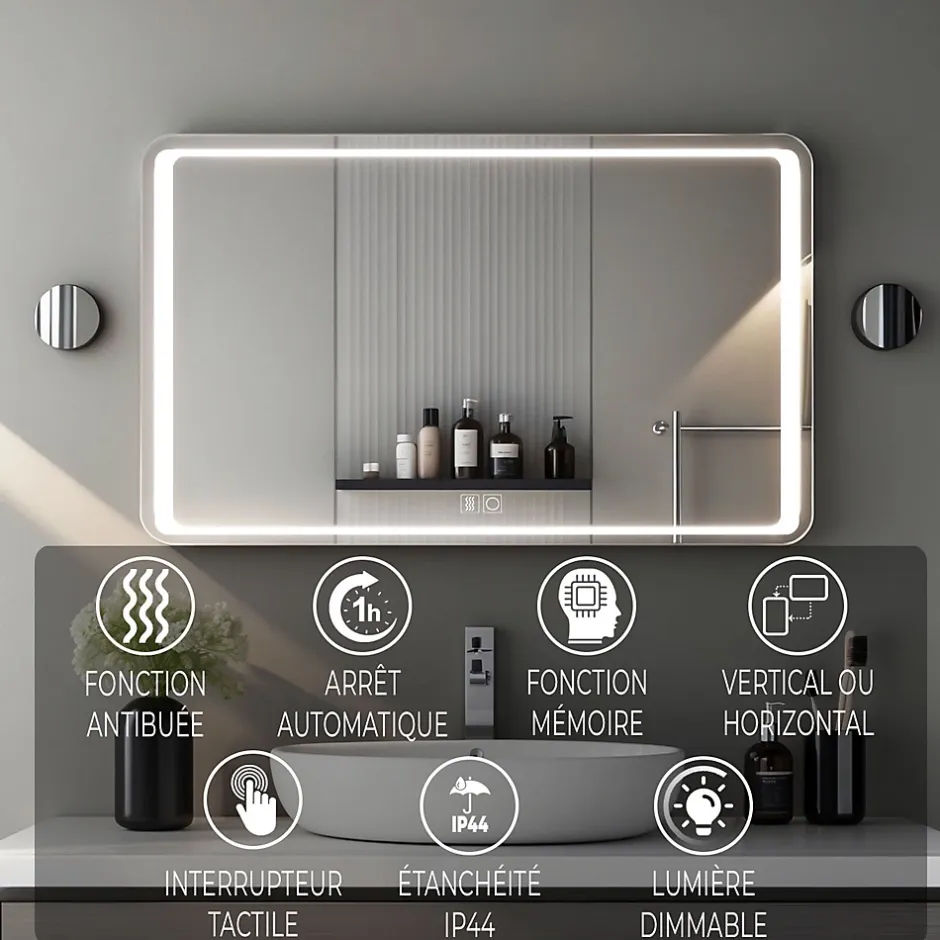 Saniland Miroir LED Salle de bain 140x80cm avec horloge digitale et hauts parleurs Bluetooth