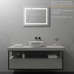 Saniverre Miroir LED salle de bain OBLONG 60 x 80 cm réversible, anti-buée + éclairage et intensité réglables -* Miroir Lumineux