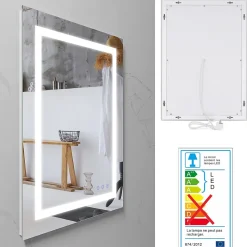 Saniverre Miroir LED salle de bain OBLONG 60 x 80 cm réversible, anti-buée + éclairage et intensité réglables -* Miroir Lumineux