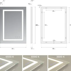 Saniverre Miroir LED salle de bain OBLONG 60 x 80 cm réversible, anti-buée + éclairage et intensité réglables -* Miroir Lumineux