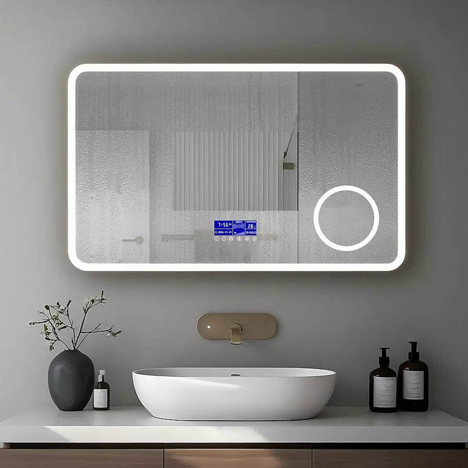 Mon Beau bain Miroir LED spécial maquillage 100x60 avec zone grossissante X3 et horloge digitale pour salle de bain* Miroir Grossissant Lumineux