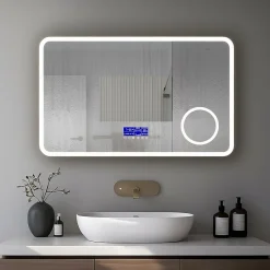 Mon Beau bain Miroir LED spécial maquillage 80x60 avec zone grossissante X3 et horloge digitale pour salle de bain