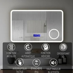 Mon Beau bain Miroir LED spécial maquillage 80x60 avec zone grossissante X3 et horloge digitale pour salle de bain