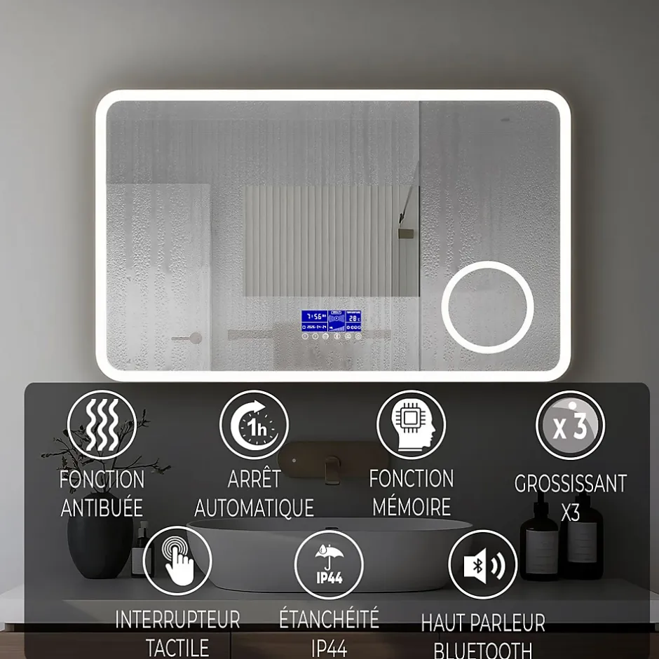 Mon Beau bain Miroir LED spécial maquillage 80x60 avec zone grossissante X3 et horloge digitale pour salle de bain