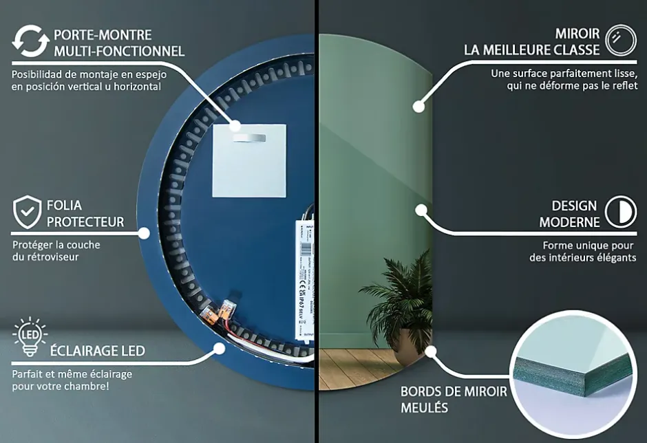 Tulup Miroir LED 84x100 cm contemporain lumière neutre 1 pc