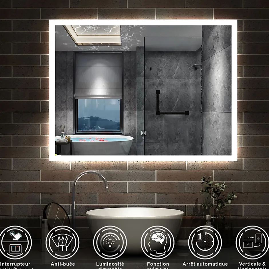 AICA Sanitaire Miroir lumineux à LED, 60x50cm, dimmable, avec mémoire et anti-buée, IP44, horizontal/vertical, blanc froid,