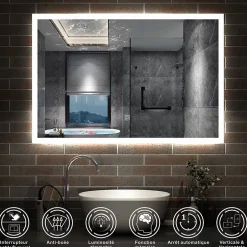 AICA Sanitaire Miroir lumineux à LED, 90x70cm, dimmable, avec mémoire et anti-buée, IP44, horizontal/vertical, blanc froid,
