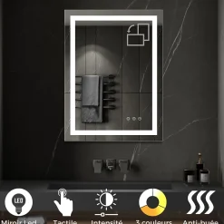 Saniverre Miroir lumineux CIMEO 60 x 80 cm (ou 80x60) LED 2100 lms, antibuée + intensité & couleur réglables salle de bain -