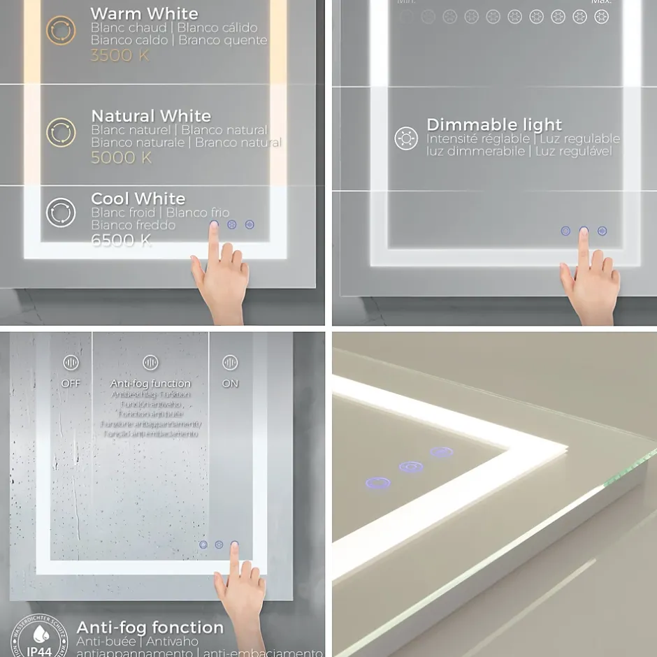 Saniverre Miroir lumineux CIMEO 60 x 80 cm (ou 80x60) LED 2100 lms, antibuée + intensité & couleur réglables salle de bain -