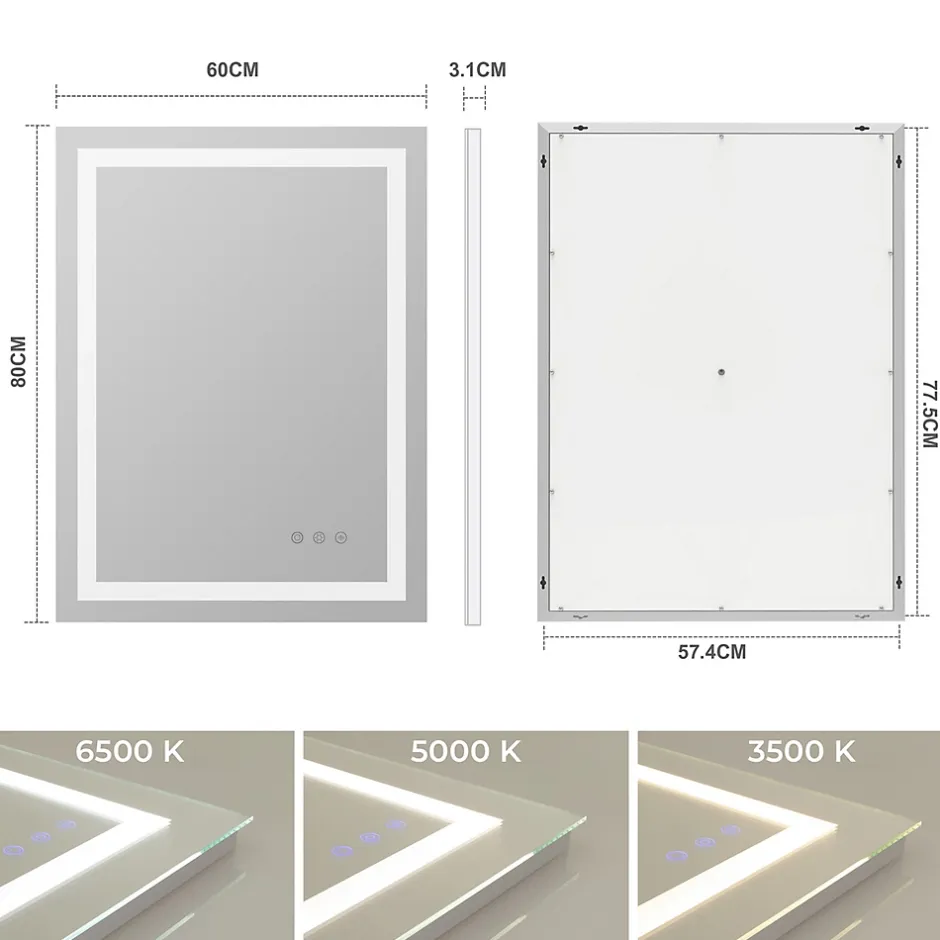 Saniverre Miroir lumineux CIMEO 60 x 80 cm (ou 80x60) LED 2100 lms, antibuée + intensité & couleur réglables salle de bain -