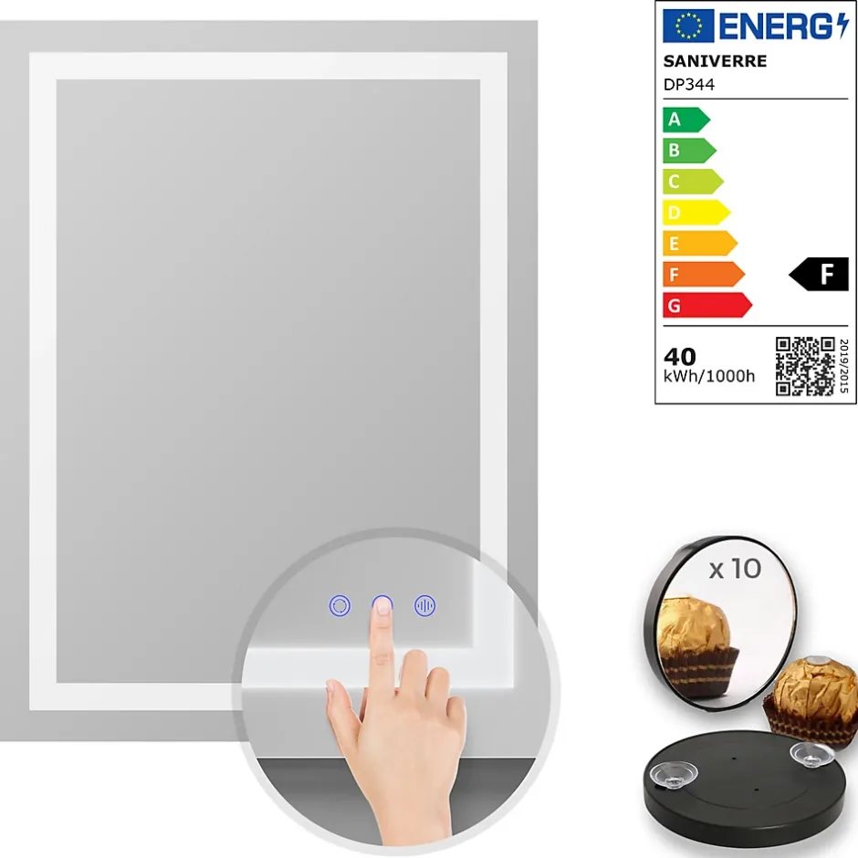 Saniverre Miroir lumineux CIMEO 60 x 80 cm (ou 80x60) LED 2100 lms, antibuée + intensité & couleur réglables salle de bain -