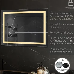 Saniverre Miroir lumineux CIMEO 70 x 90 cm (ou 90x70) LED 2100 lms, antibuée + intensité & couleur réglables salle de bain -* Miroir Lumineux
