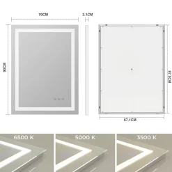 Saniverre Miroir lumineux CIMEO 70 x 90 cm (ou 90x70) LED 2100 lms, antibuée + intensité & couleur réglables salle de bain -* Miroir Lumineux