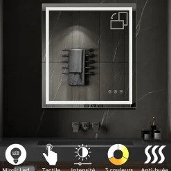 Saniverre Miroir lumineux CIMEO 90 x 100 cm (ou 100x90) LED 2100 lms, antibuée + intensité & couleur réglables salle de bain -