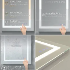 Saniverre Miroir lumineux CIMEO 90 x 100 cm (ou 100x90) LED 2100 lms, antibuée + intensité & couleur réglables salle de bain -