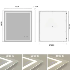 Saniverre Miroir lumineux CIMEO 90 x 100 cm (ou 100x90) LED 2100 lms, antibuée + intensité & couleur réglables salle de bain -