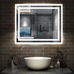 AICA Sanitaire Miroir lumineux dimmable, 60x50cm, avec mémoire, salle de bain anti-buée, 6000k blanc froid, IP44,* Miroir Lumineux