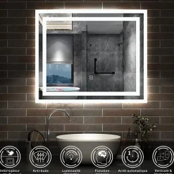 AICA Sanitaire Miroir lumineux dimmable, 80x60cm, avec mémoire, salle de bain anti-buée, 6000k blanc froid, IP44,