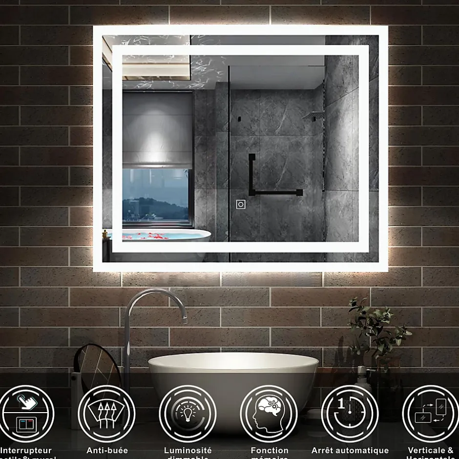 AICA Sanitaire Miroir lumineux dimmable, 70x50cm, avec mémoire, salle de bain anti-buée, 6000k blanc froid, IP44,