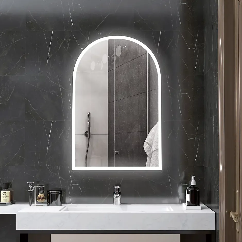 Homcom Miroir lumineux LED arqué de salle de bain 90 x 60 cm - tactile, réglable, anti-buée - alu noir