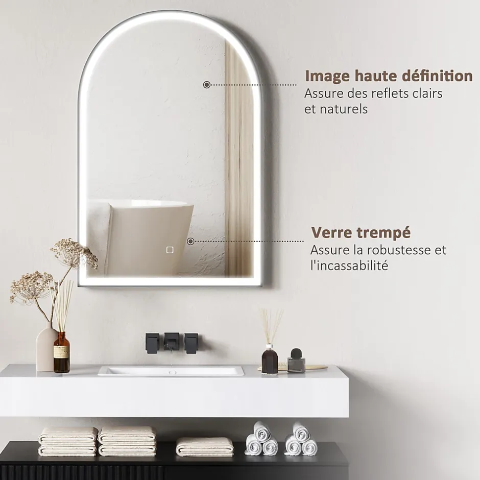 Homcom Miroir lumineux LED arqué de salle de bain 90 x 60 cm - tactile, réglable, anti-buée - alu noir