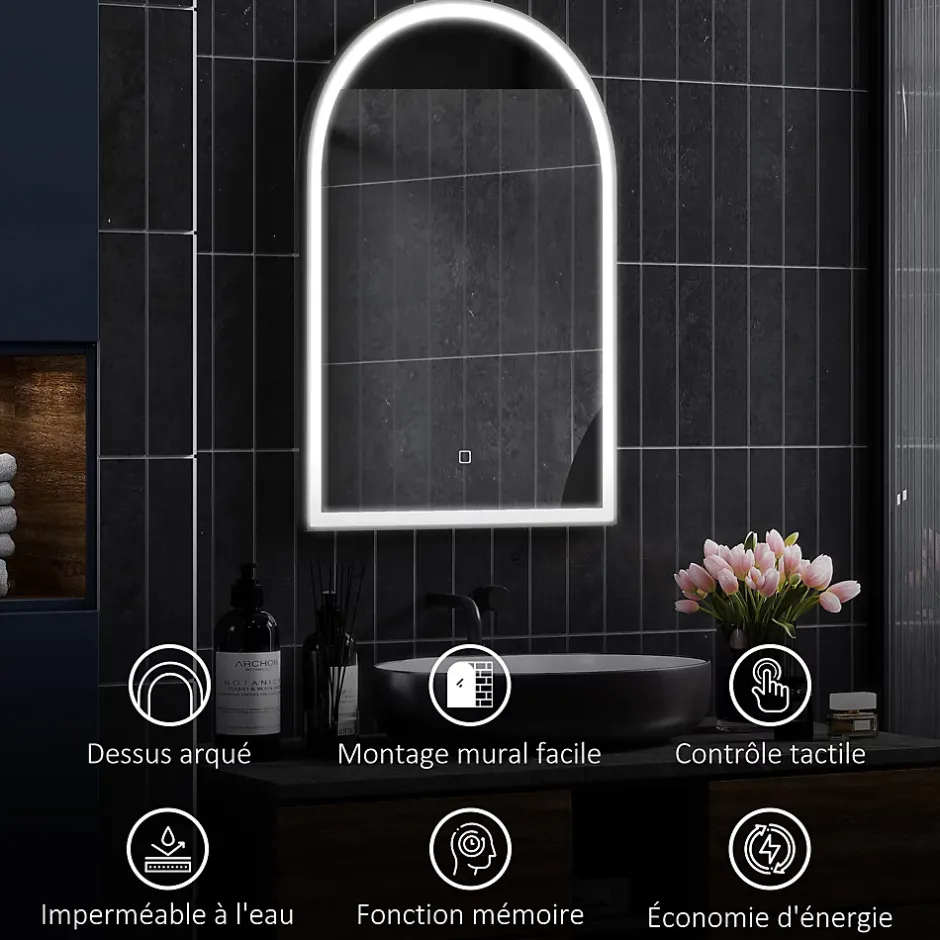 Homcom Miroir lumineux LED arqué de salle de bain 90 x 60 cm - tactile, réglable, anti-buée - alu noir