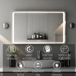 Saniland Miroir lumineux 100x60 pour salle de bain antibuée boutons tactiles lumière froide* Miroir Lumineux