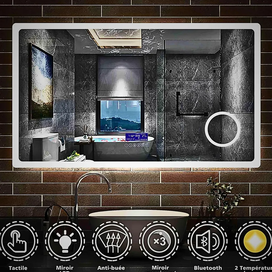 Saniland Miroir lumineux 160x800 pour salle de bain avec zone grossissante et hauts parleurs Bluetooth* Miroir Grossissant Lumineux