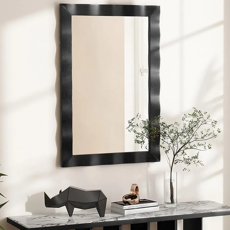 Giantex Miroir Mural 106 x 71,5 cm,Cadre en Bois d'Hévéa, Miroir de Courtoisie à Suspension, pour Salle de Bain, Salon, Entrée, Noir