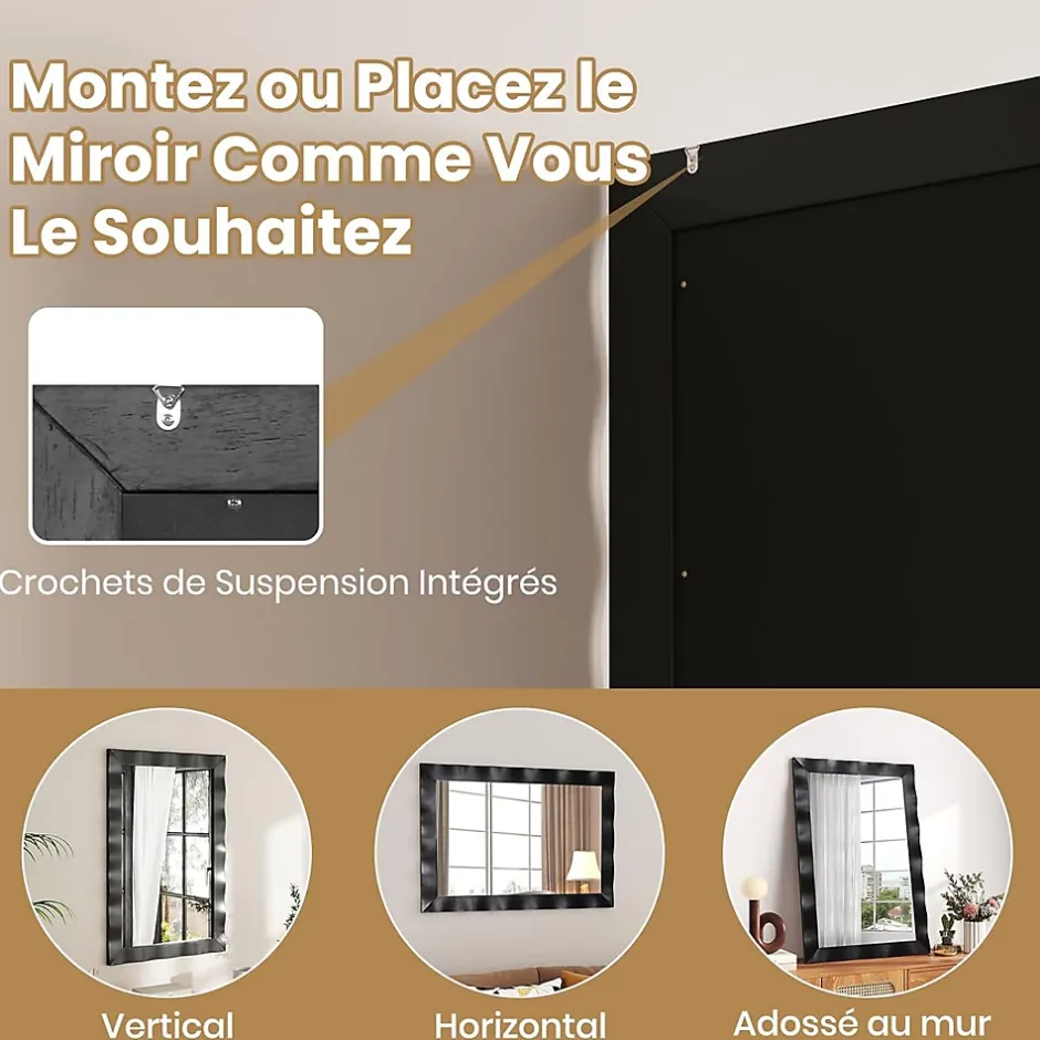 Giantex Miroir Mural 106 x 71,5 cm,Cadre en Bois d'Hévéa, Miroir de Courtoisie à Suspension, pour Salle de Bain, Salon, Entrée, Noir