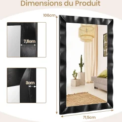 Giantex Miroir Mural 106 x 71,5 cm,Cadre en Bois d'Hévéa, Miroir de Courtoisie à Suspension, pour Salle de Bain, Salon, Entrée, Noir