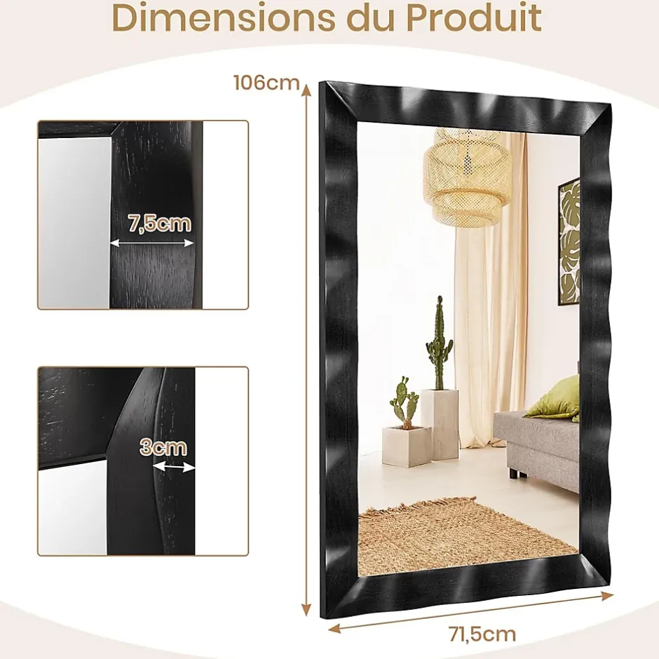 Giantex Miroir Mural 106 x 71,5 cm,Cadre en Bois d'Hévéa, Miroir de Courtoisie à Suspension, pour Salle de Bain, Salon, Entrée, Noir