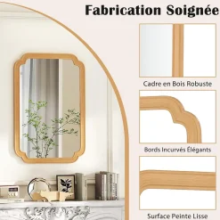 Giantex Miroir Mural 90 x 60 CM,Coins Arrondis Style Rustique Haute Définition pour Salle de Bain,Salon,Entrée,Chambre,Suspension,Naturel* Miroir Grossissant