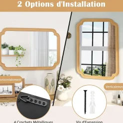 Giantex Miroir Mural 90 x 60 CM,Coins Arrondis Style Rustique Haute Définition pour Salle de Bain,Salon,Entrée,Chambre,Suspension,Naturel* Miroir Grossissant