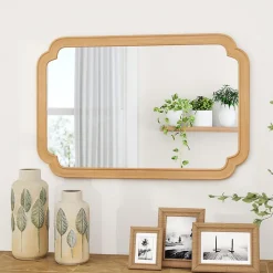 Giantex Miroir Mural 90 x 60 CM,Coins Arrondis Style Rustique Haute Définition pour Salle de Bain,Salon,Entrée,Chambre,Suspension,Naturel* Miroir Grossissant
