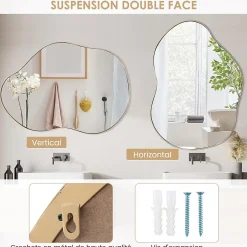Giantex Miroir Mural Décoratif, Miroir en Forme Irrégulière avec Réflexion HD Claire, Cadre en Bois, Or,78 x 56,5cm