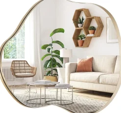 Giantex Miroir Mural Décoratif, Miroir en Forme Irrégulière avec Réflexion HD Claire, Cadre en Bois, Or,78 x 56,5cm