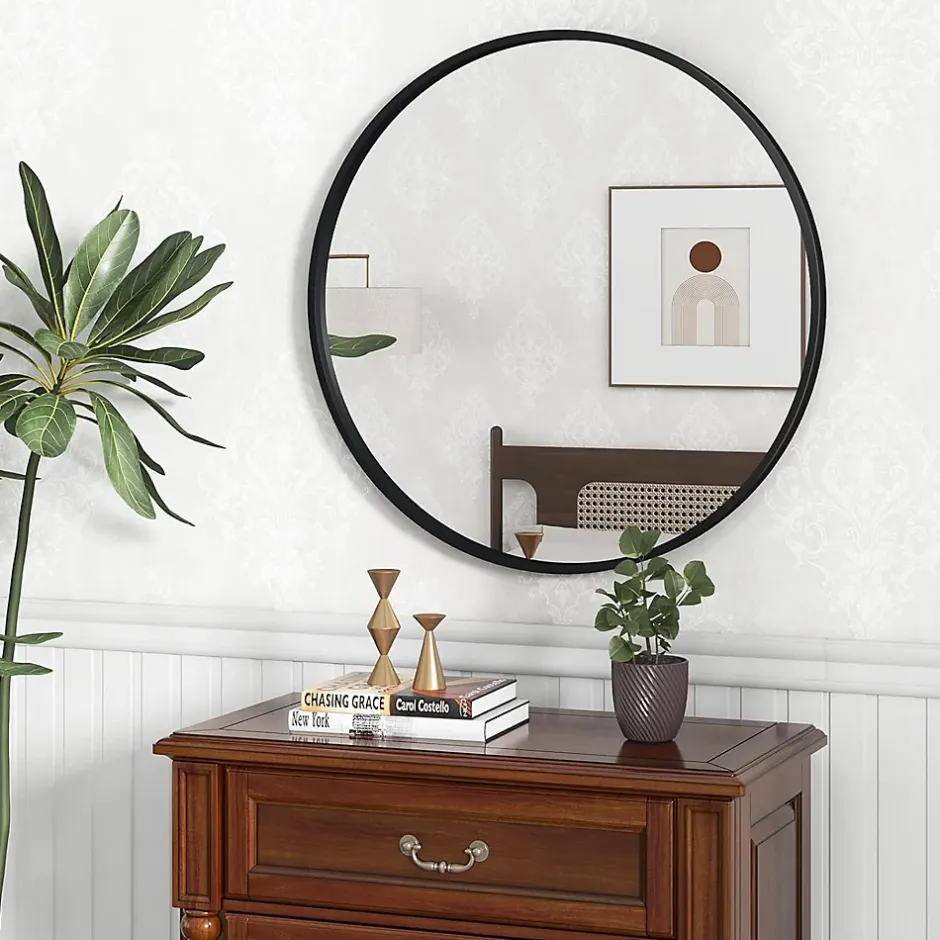 Giantex Miroir Mural de Salle de Bain Cadre en Métal Verre Argenté Film Antidéflagrant Miroir Rond de 61CM pour la Décoration