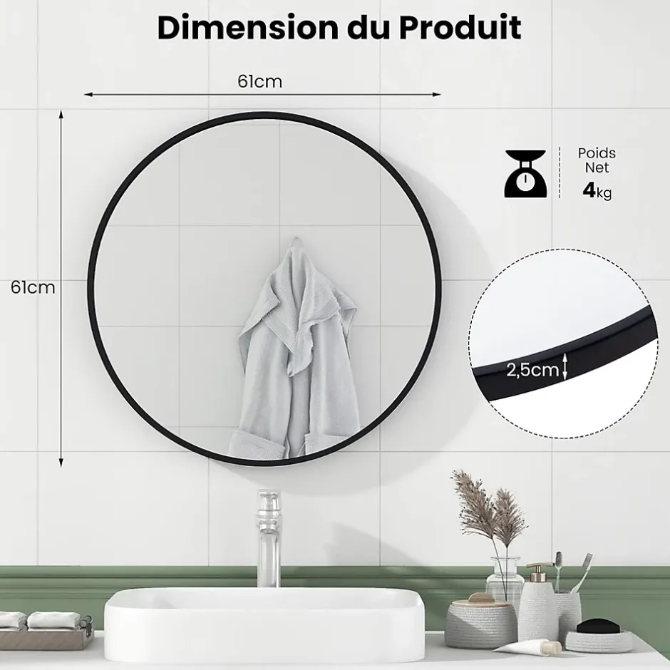 Giantex Miroir Mural de Salle de Bain Cadre en Métal Verre Argenté Film Antidéflagrant Miroir Rond de 61CM pour la Décoration