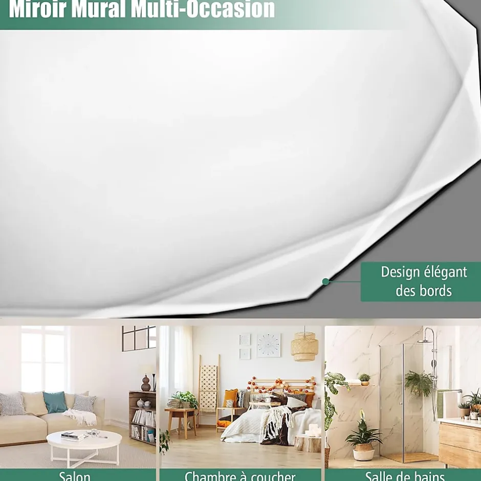 Giantex Miroir Mural de Salle de Bain Film Antidéflagrant Vis d'Expansion et Crochets de Suspension Miroir de Maquillage Rond
