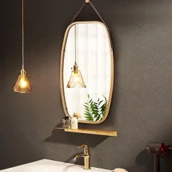 Giantex Miroir Mural en Aluminium avec Cadre en Bambou,Grand Miroir avec Film Antideflagrant, Arrondie avec Cadre en Bambou,* Miroir Grossissant