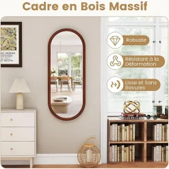 Giantex Miroir Mural Peu Encombrant,avec Cadre en Bois Massif,Miroir HD,4 Crochets de Fixation,pour Salon,Chambre, Balcon, Entrée, Noyer